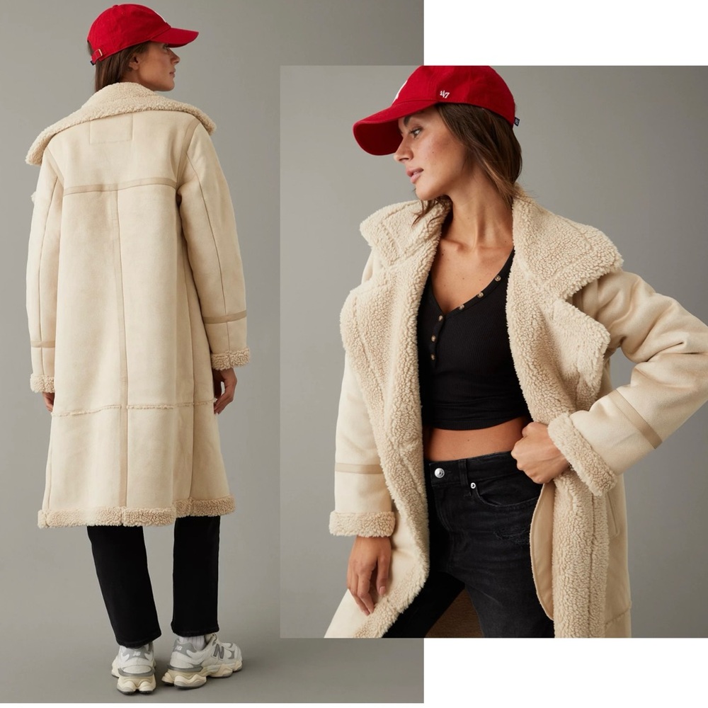 American Eagle double-breasted Vegan faux shearling coat light beige cream Sz L - Picture 2 of 14